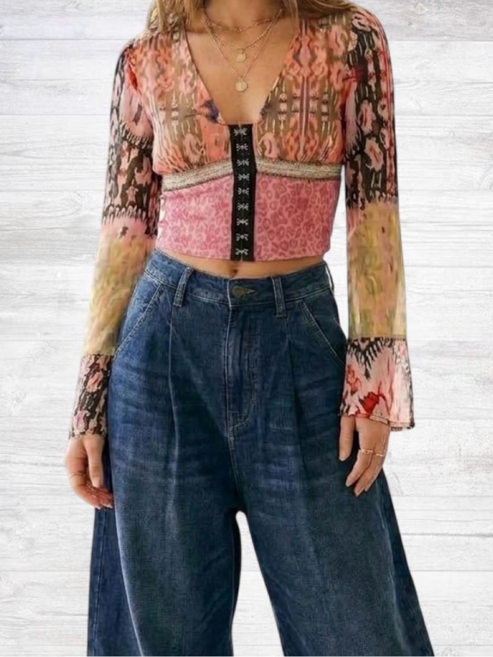 Free People Pink Multi-Print Sheer Long-Sleeve Crop Top